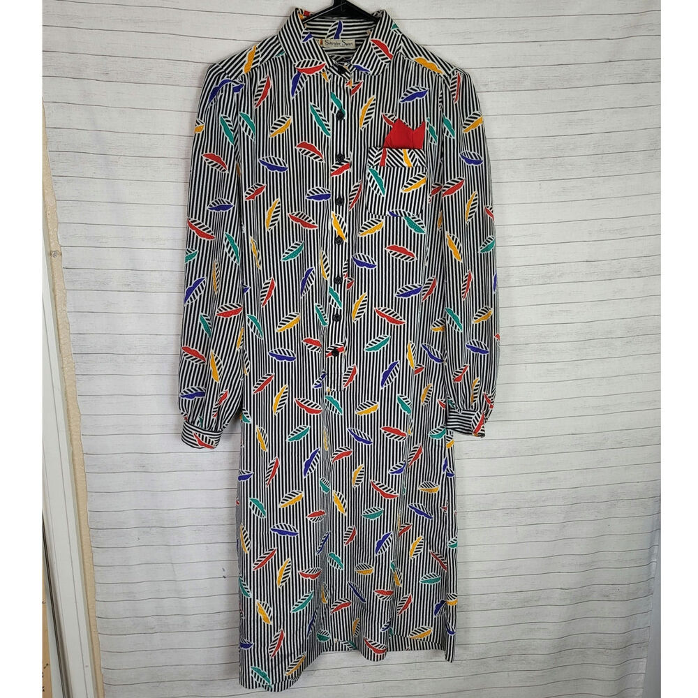 Striped Midi Shirt Dress with Multicolor Feather Print